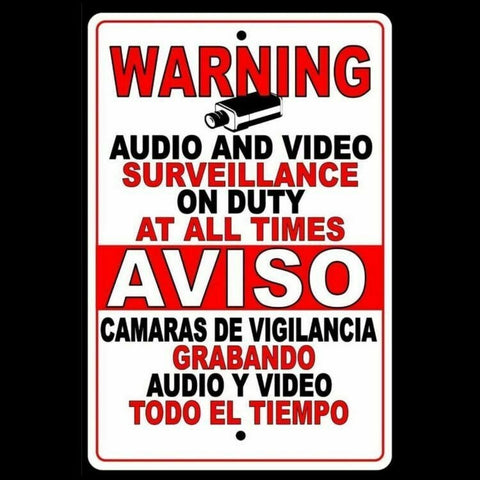 Cctv Warning Security Audio Video Surveillance Camera Sign / Decal  English Spanish Ss001 / Magnetic Sign