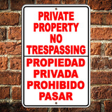 Private Property No Trespassing English Spanish Sign Metal Aluminum Surveillance