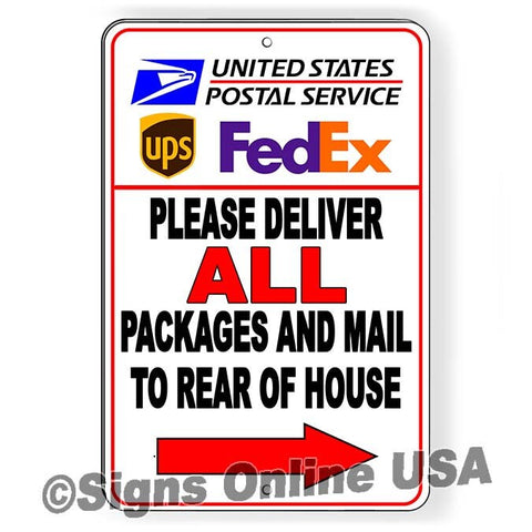 Deliver All Packages To Rear Of House Arrow Right Sign / Decal  Usps Fedex Delivery Instructions Si384 / Magnetic Sign